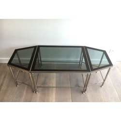 Rare Table Basse Tripartite en Nickel à Plateaux de Verre Fumé, Art Déco vers 1940