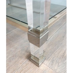 Grande Table Basse à Deux Plateaux en Lucite et Chrome, France circa 1970