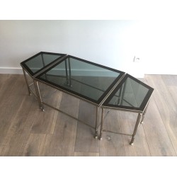 Rare Table Basse Tripartite en Nickel à Plateaux de Verre Fumé, Art Déco vers 1940