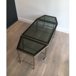 Rare Table Basse Tripartite en Nickel à Plateaux de Verre Fumé, Art Déco vers 1940