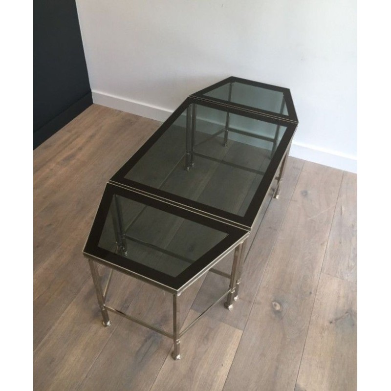 Rare Table Basse Tripartite en Nickel à Plateaux de Verre Fumé, Art Déco vers 1940