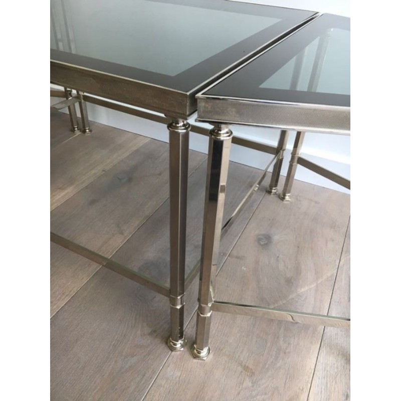 Rare Table Basse Tripartite en Nickel à Plateaux de Verre Fumé, Art Déco vers 1940