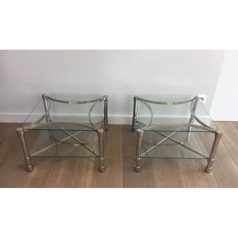 Paire de Bouts de Canapé Carrés en Chrome et Verre, circa 1970
