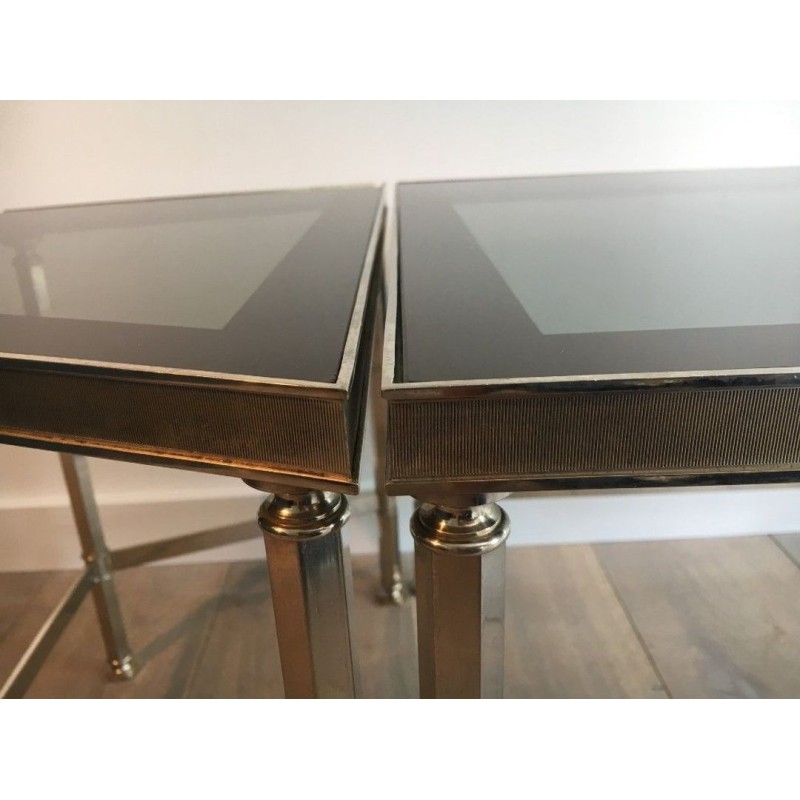 Rare Table Basse Tripartite en Nickel à Plateaux de Verre Fumé, Art Déco vers 1940