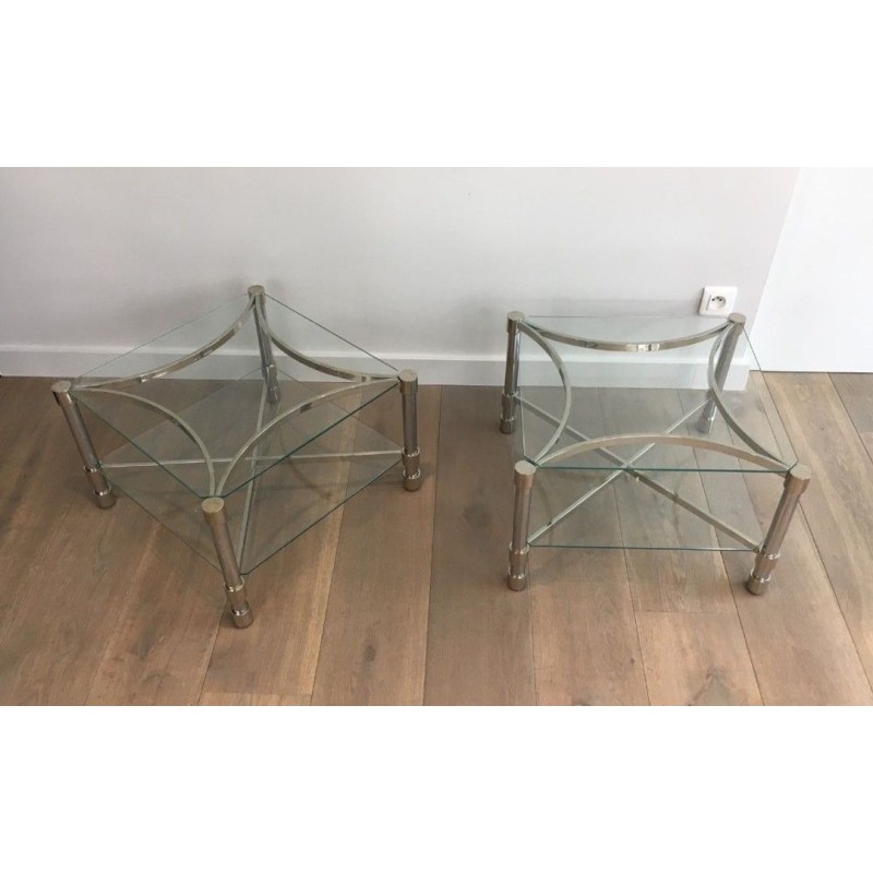 Paire de Bouts de Canapé Carrés en Chrome et Verre, circa 1970