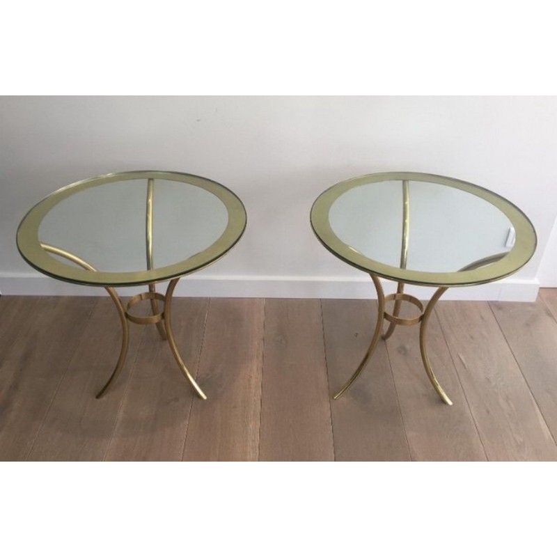 Paire de Bouts de Canapé Ronds en Laiton Doré et Verre, circa 1970
