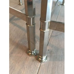 Rare Table Basse Tripartite en Nickel à Plateaux de Verre Fumé, Art Déco vers 1940