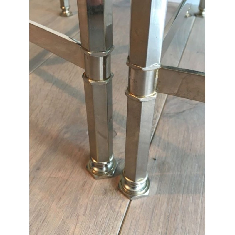 Rare Table Basse Tripartite en Nickel à Plateaux de Verre Fumé, Art Déco vers 1940