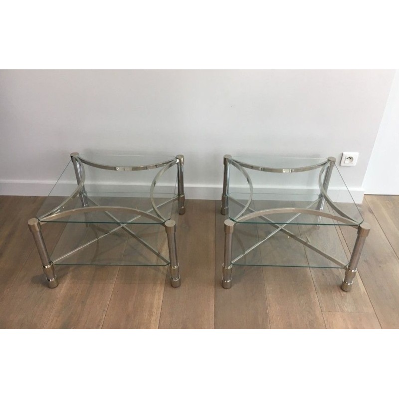 Paire de Bouts de Canapé Carrés en Chrome et Verre, circa 1970