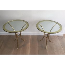 Paire de Bouts de Canapé Ronds en Laiton Doré et Verre, circa 1970