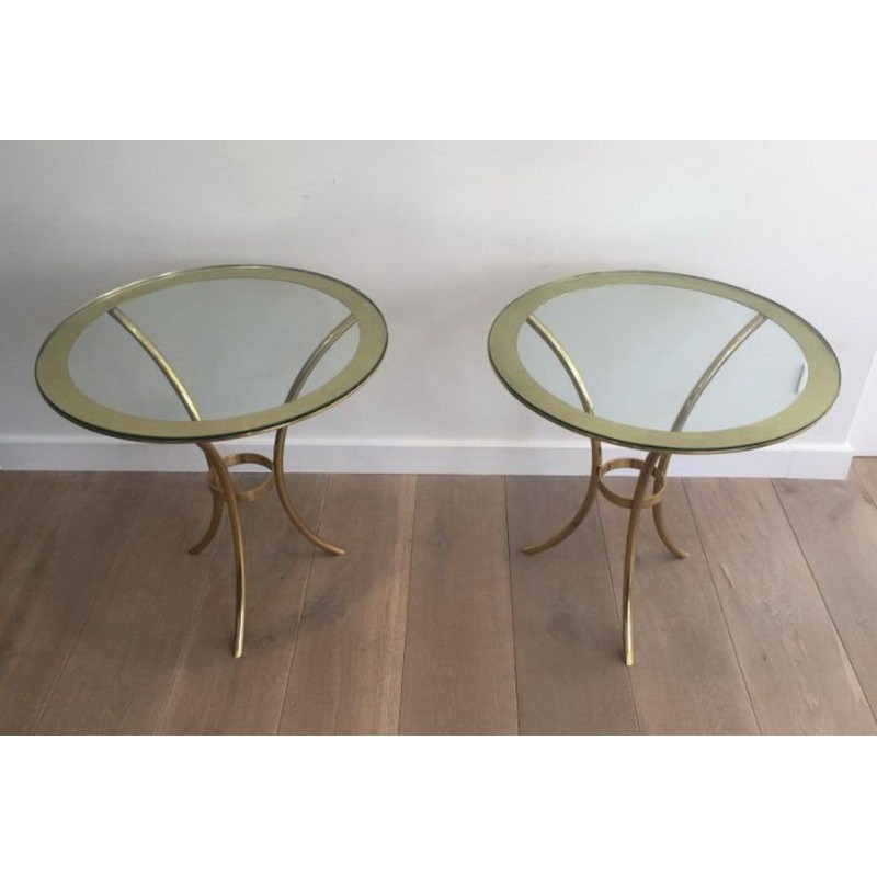 Paire de Bouts de Canapé Ronds en Laiton Doré et Verre, circa 1970