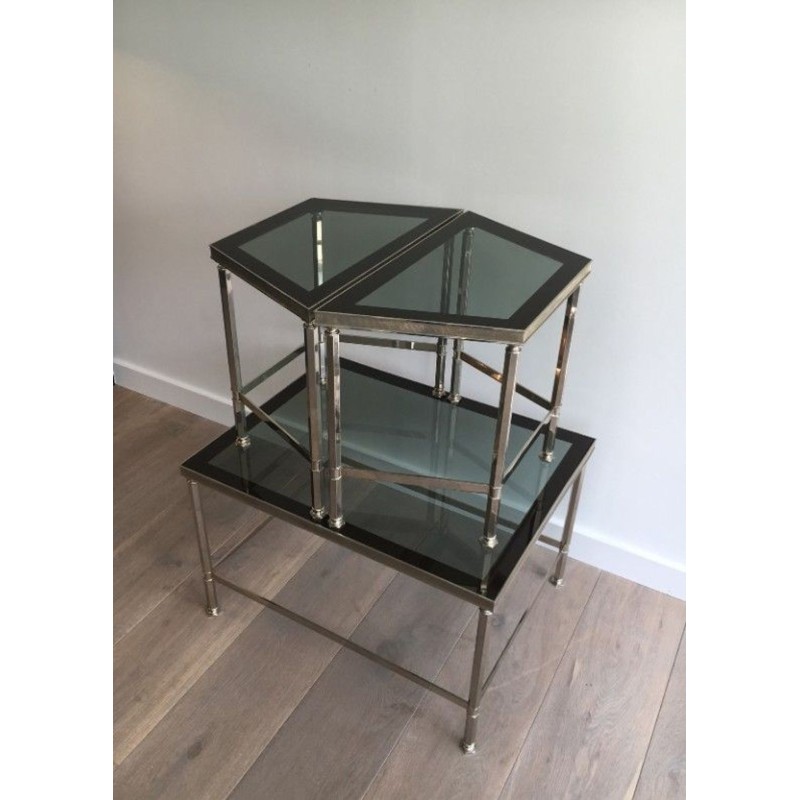 Rare Table Basse Tripartite en Nickel à Plateaux de Verre Fumé, Art Déco vers 1940