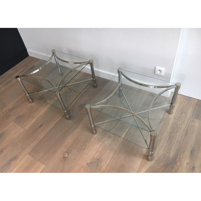 Paire de Bouts de Canapé Carrés en Chrome et Verre, circa 1970