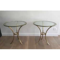 Pair of Round Gilt Brass & Glass Side Tables, circa 1970