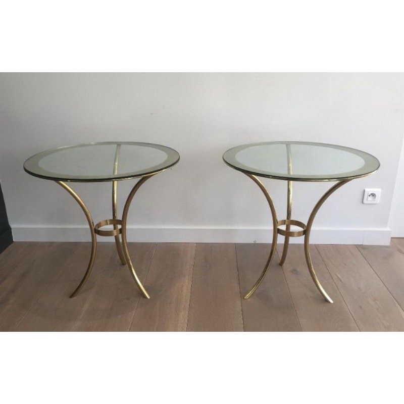 Paire de Bouts de Canapé Ronds en Laiton Doré et Verre, circa 1970