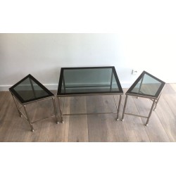 Rare Table Basse Tripartite en Nickel à Plateaux de Verre Fumé, Art Déco vers 1940