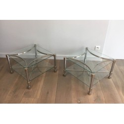 Paire de Bouts de Canapé Carrés en Chrome et Verre, circa 1970