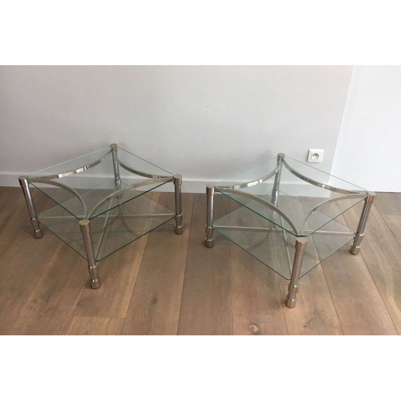 Paire de Bouts de Canapé Carrés en Chrome et Verre, circa 1970