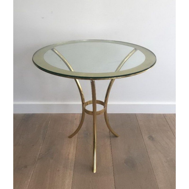 Pair of Round Gilt Brass & Glass Side Tables, circa 1970