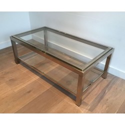 Table Basse à Deux Niveaux en Chrome et Laiton à Bande Incrustée
