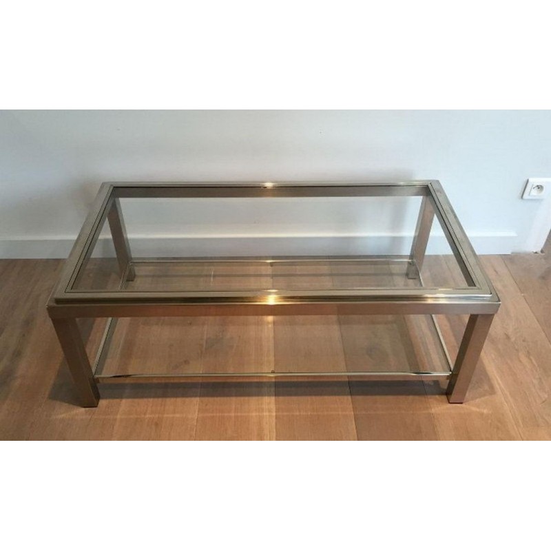Table Basse à Deux Niveaux en Chrome et Laiton à Bande Incrustée