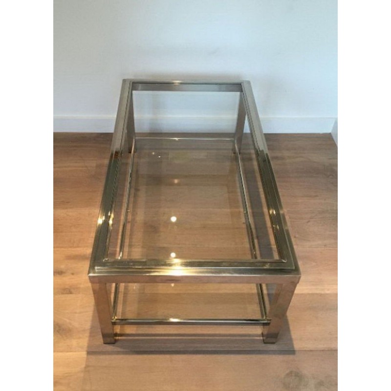 Table Basse à Deux Niveaux en Chrome et Laiton à Bande Incrustée