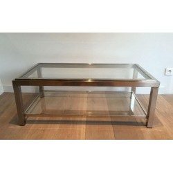 Table Basse à Deux Niveaux en Chrome et Laiton à Bande Incrustée