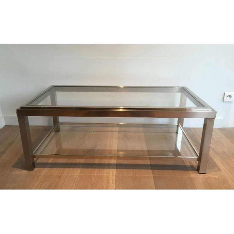 Table Basse à Deux Niveaux en Chrome et Laiton à Bande Incrustée
