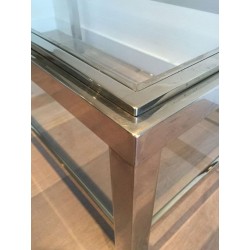 Table Basse à Deux Niveaux en Chrome et Laiton à Bande Incrustée