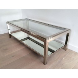 Table Basse à Deux Niveaux en Chrome et Verre à Cadre Canélé