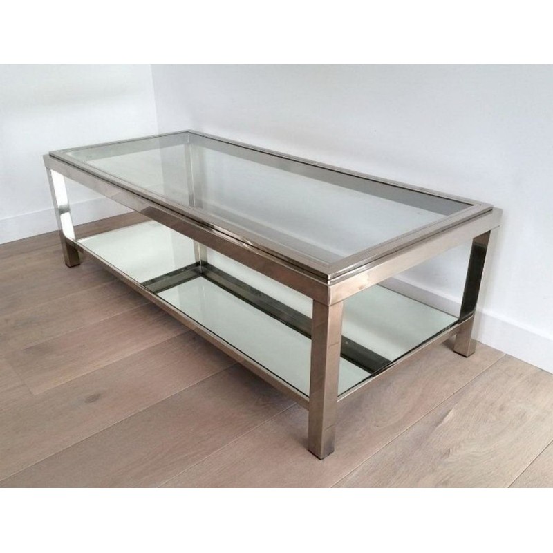 Table Basse à Deux Niveaux en Chrome et Verre à Cadre Canélé