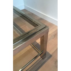 Table Basse à Deux Niveaux en Chrome et Laiton à Bande Incrustée
