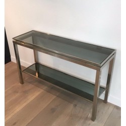 Brushed Steel and Blue Glass Console Table by Guy Lefèvre for Maison Jansen