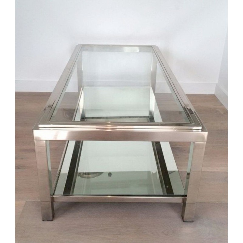 Table Basse à Deux Niveaux en Chrome et Verre à Cadre Canélé
