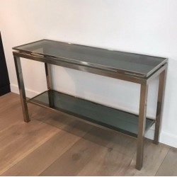 Brushed Steel and Blue Glass Console Table by Guy Lefèvre for Maison Jansen