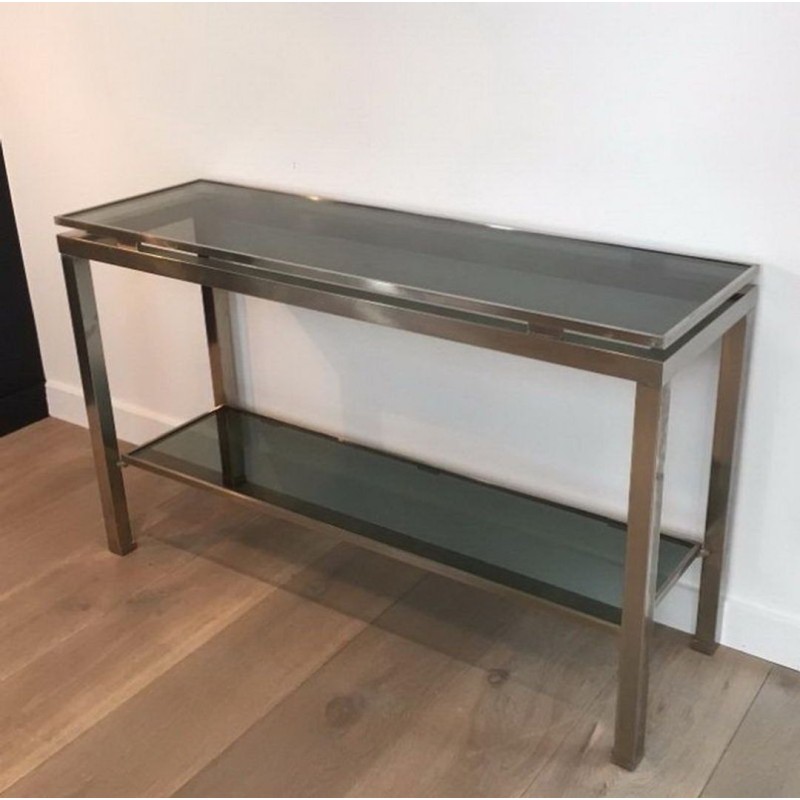 Console en Acier Brossé et Verre Bleu par Guy Lefèvre pour Maison Jansen