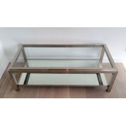 Table Basse à Deux Niveaux en Chrome et Verre à Cadre Canélé