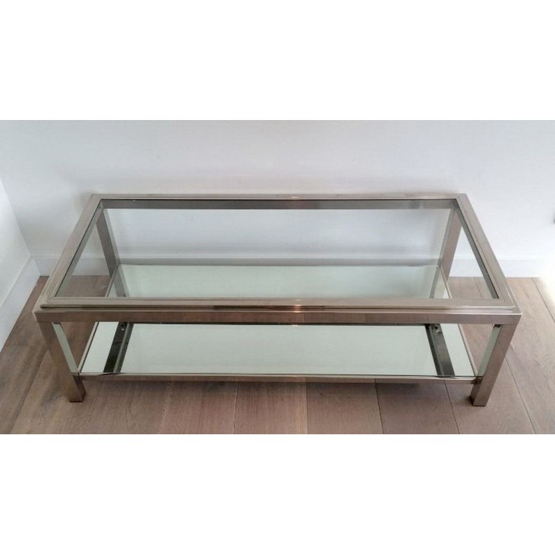 Table Basse à Deux Niveaux en Chrome et Verre à Cadre Canélé