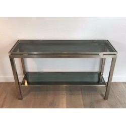 Console en Acier Brossé et Verre Bleu par Guy Lefèvre pour Maison Jansen