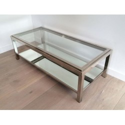 Table Basse à Deux Niveaux en Chrome et Verre à Cadre Canélé