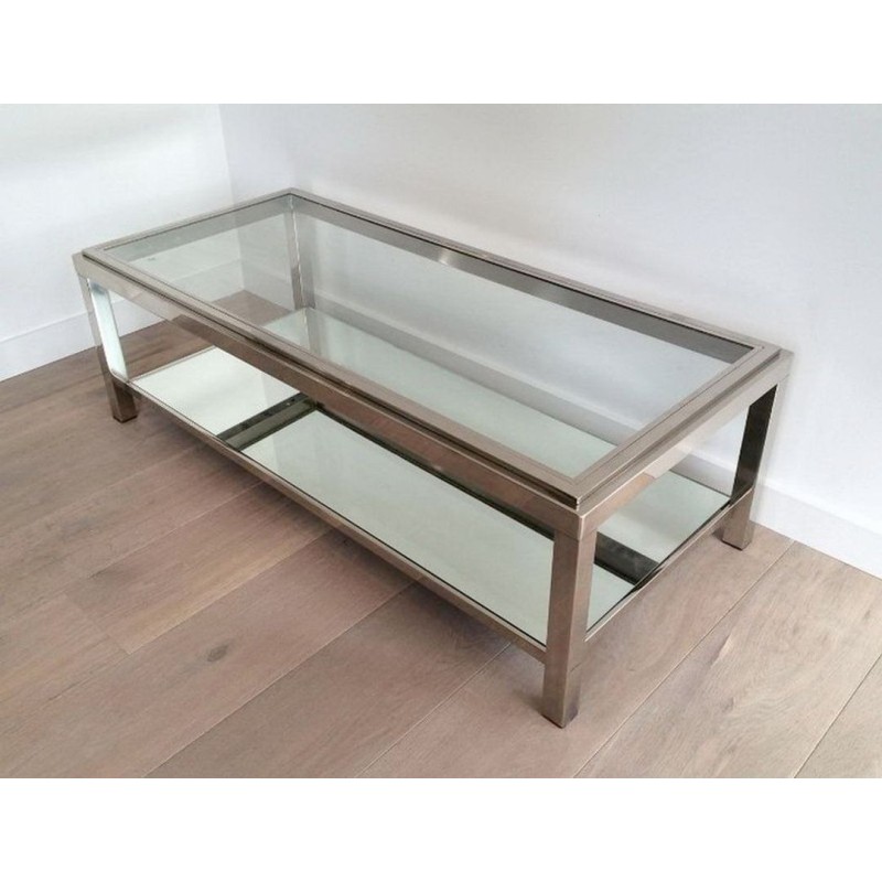 Table Basse à Deux Niveaux en Chrome et Verre à Cadre Canélé