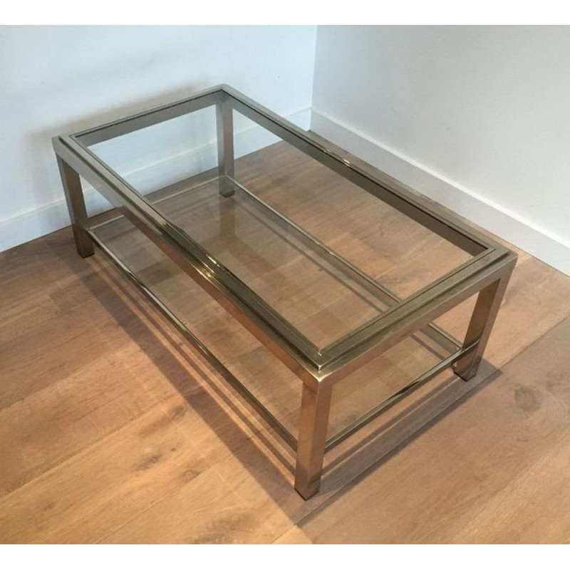 Table Basse à Deux Niveaux en Chrome et Laiton à Bande Incrustée