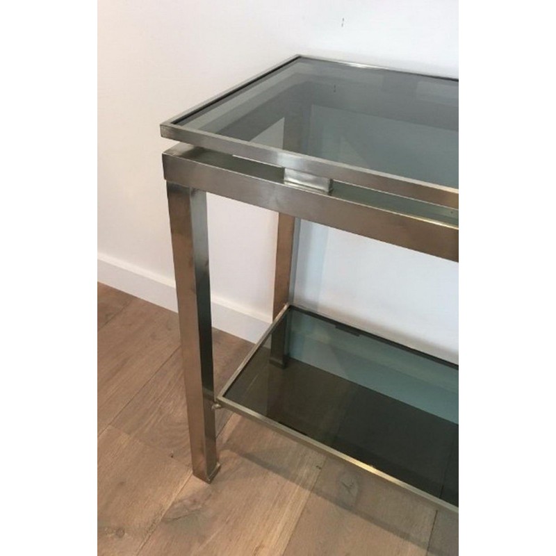 Brushed Steel and Blue Glass Console Table by Guy Lefèvre for Maison Jansen