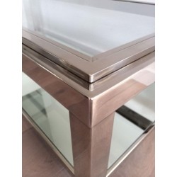 Table Basse à Deux Niveaux en Chrome et Verre à Cadre Canélé