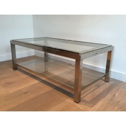 Table Basse à Deux Niveaux en Chrome et Laiton à Bande Incrustée