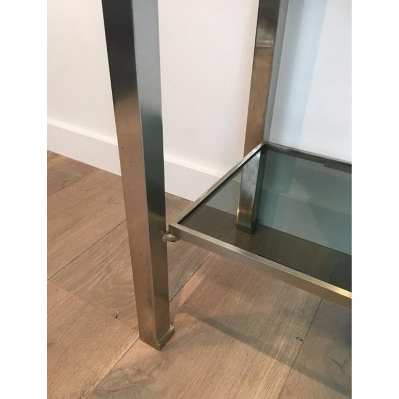 Console en Acier Brossé et Verre Bleu par Guy Lefèvre pour Maison Jansen