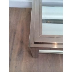 Table Basse à Deux Niveaux en Chrome et Verre à Cadre Canélé