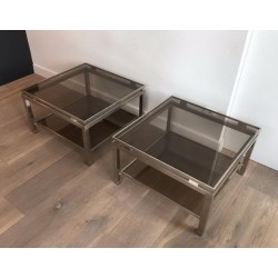 Paire de Bouts de Canapé en Acier Brossé et Verre Fumé par Guy Lefèvre pour Maison Jansen