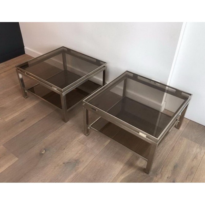 Paire de Bouts de Canapé en Acier Brossé et Verre Fumé par Guy Lefèvre pour Maison Jansen