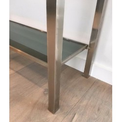 Brushed Steel and Blue Glass Console Table by Guy Lefèvre for Maison Jansen